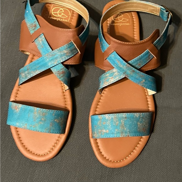 Brown and Blue Cross-Strap Sandals